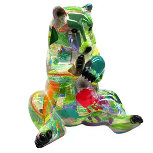 Colorful Bear Figurine Graffiti Abstract Geometric Sculpture Animal Statues Art Figurines Home Decoration for Living Room Bedroom Book Shelf