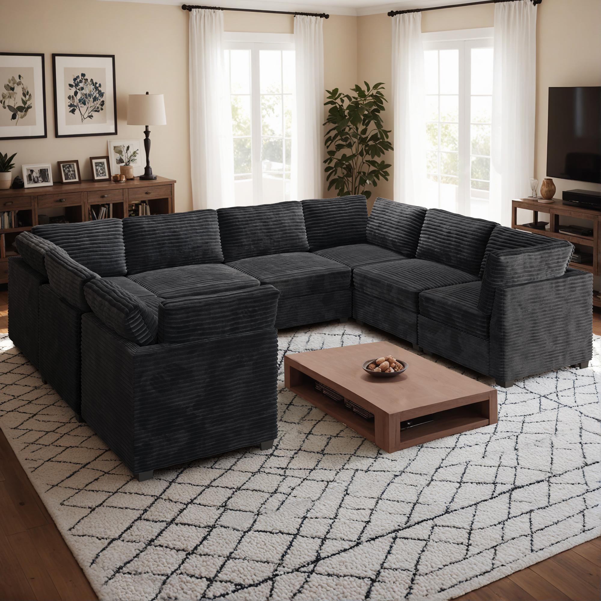 CAODOC Oversized U-Shaped Sectional Couch Sofa Living Room, Modern U-Shaped Convertible Sofabed Plush Corduroy Upholstered Sofa&Couch and Pillows,Free Combination