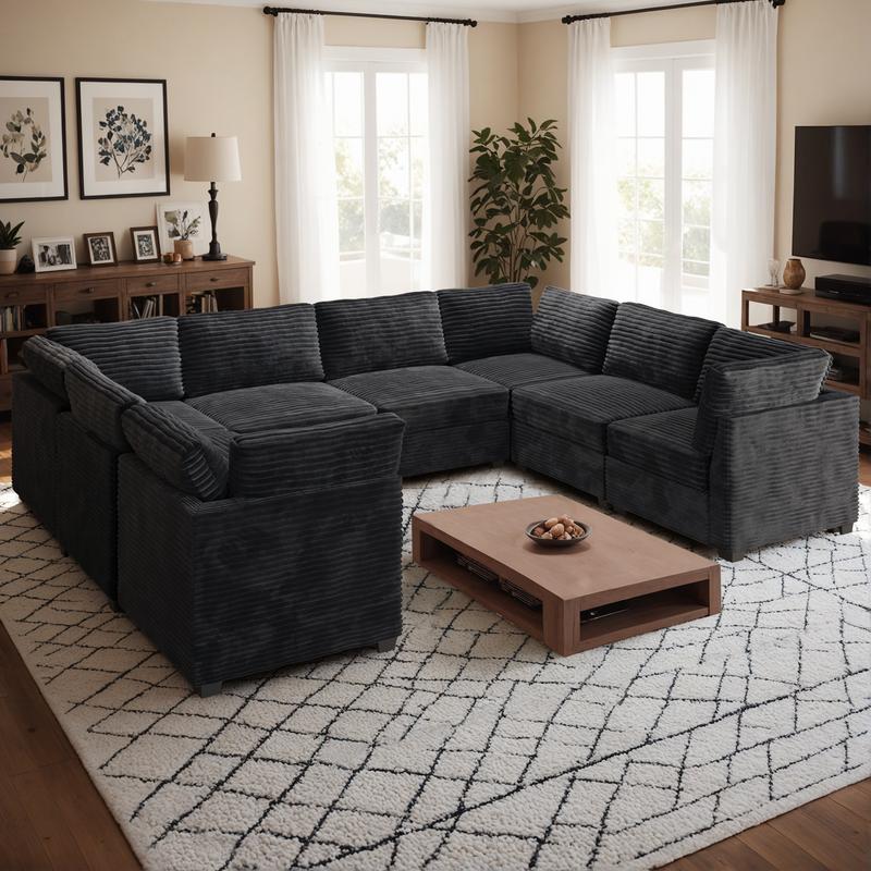 CAODOC Oversized U-Shaped Sectional Couch Sofa Living Room, Modern U-Shaped Convertible Sofabed Plush Corduroy Upholstered Sofa&Couch and Pillows,Free Combination
