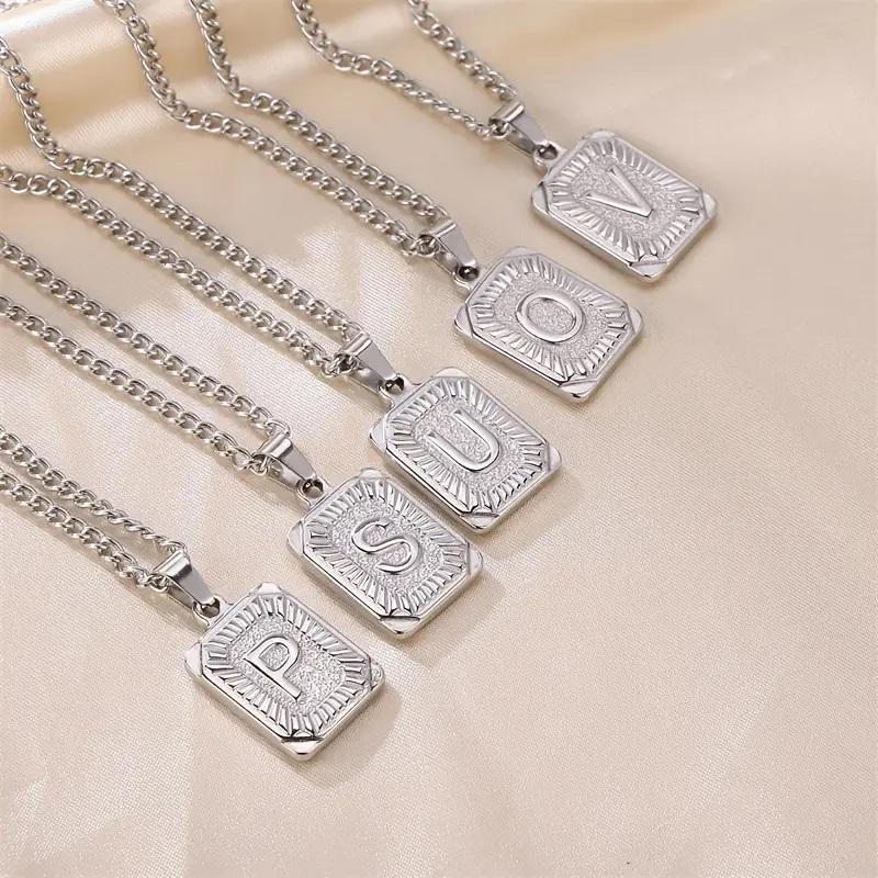 Jewelfairy Silver Color Square Initial Letter A-Z Pendant Necklace for Men Women 3/5mm Stainless Steel Cuban Chain Name Pendant Necklace
