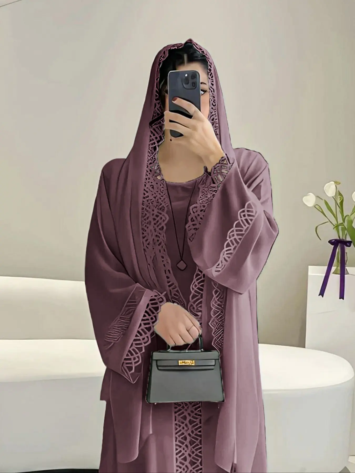 Women's Elegant Muslim Abaya with Hijab Dress Set with Headscarf, Modest Muslim Outfits, Floral Lace Decoration, Loose Sleeves, Long Flowing Design, Perfect for Ramadan & Special Occasions
