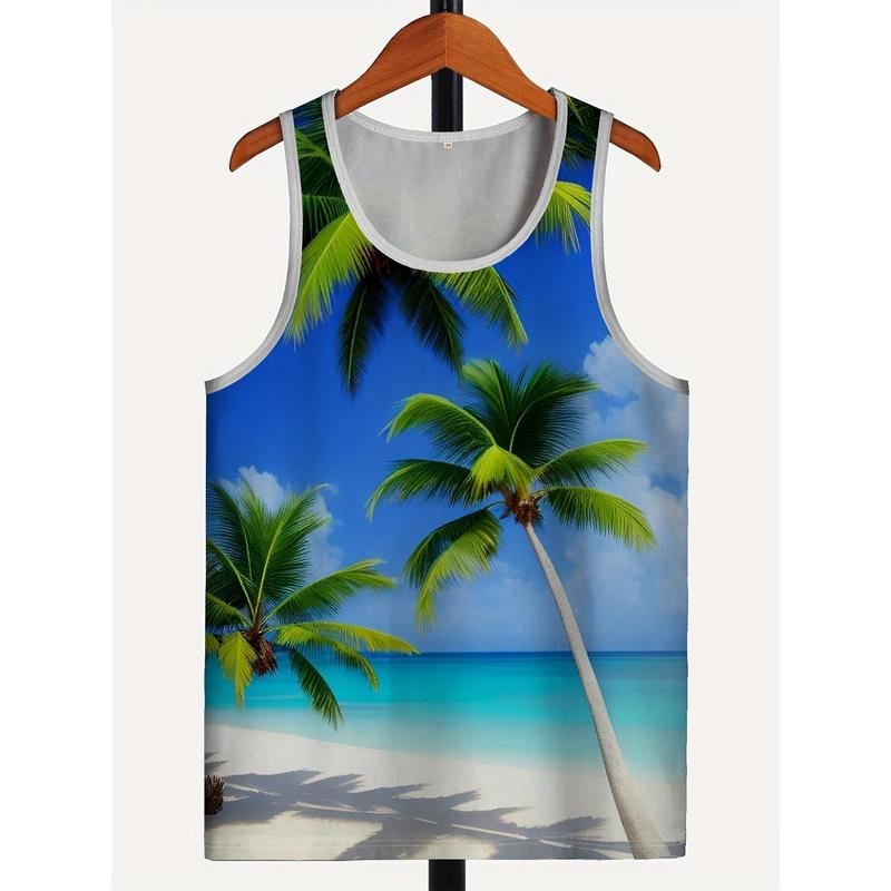 Men'S Hawaiian-Style Tropical Beach Coconut Tree 3D Print Sleeveless Tank Top - Color Block, Summer Vacation Tee, Beach Fit, Adult, Beach Vacation Apparel |   Vibrant Print Top |   Comfortable Fit Top, Beach Clothing