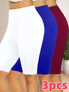 [Plus-Size Capri Leggings] 3pcs Plus Size Shorts | Women's Solid Color Mid-Length Stretchy Waist Capri Leggings