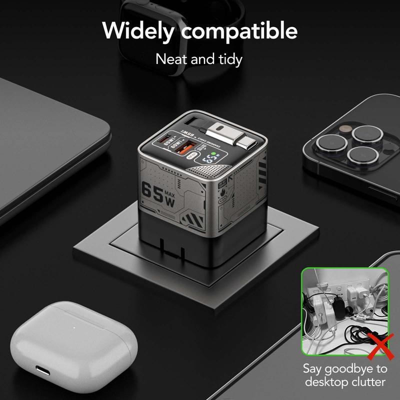 mfish E-RHINO 65W Travel Charger Block with Retractable Type C Cable & 2-Ports Fast Charging for MacBook, iPhone 15/16, Galaxy Smartphones Sliver Black Usb