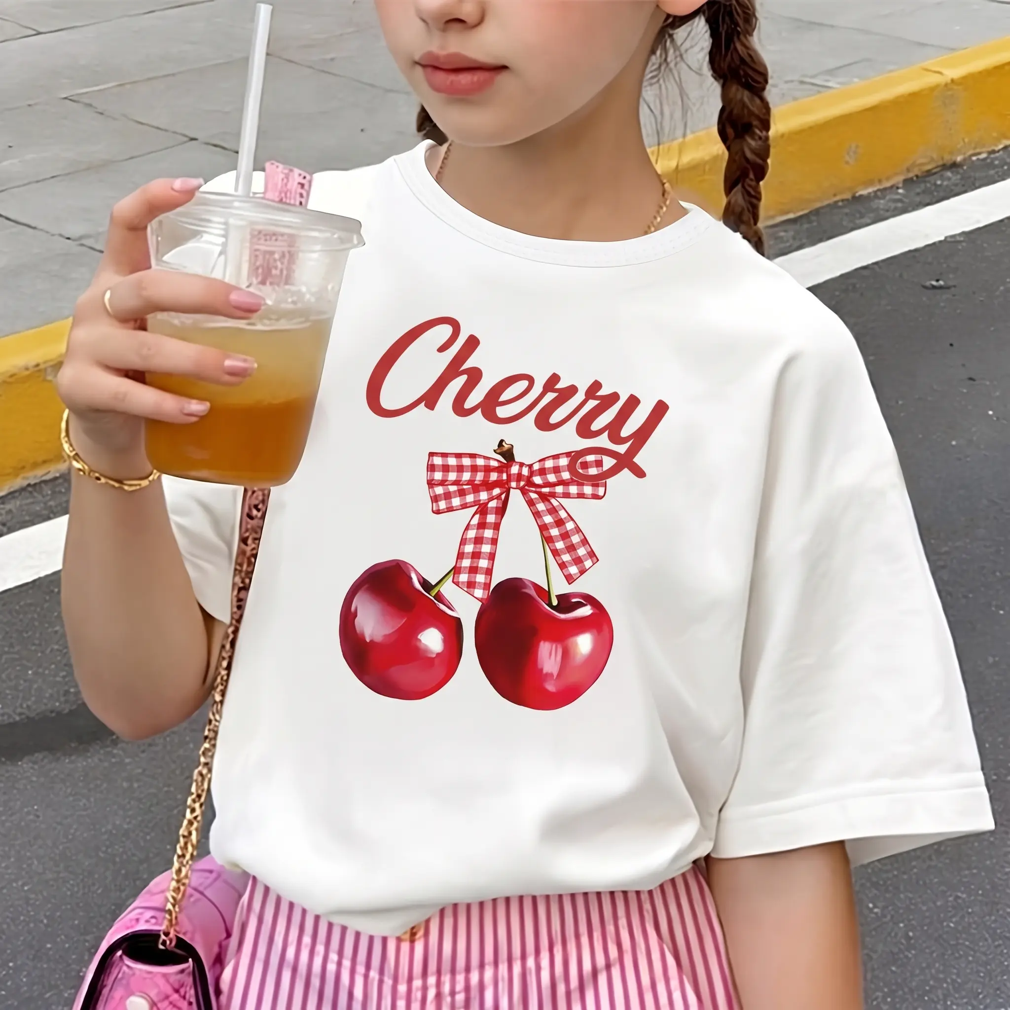 (Only T‑Shirt)Toddler Girls Cherry Plaid Bow T-Shirt Kids Cherry Letter Graphic Short Sleeve Casual Summer Tee