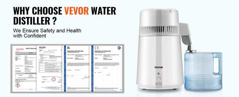 VEVOR 1.1 Gal Water Distiller, TikTokShopBlackFriday, 0.3Gal/H, 750W Distilled Water Machine, 4L Distilling Pure Water Machine w/Plastic Container, Water Distillation Kit w/Button, Countertop Distilled Water Maker for Home