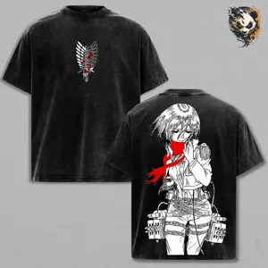 Mikasa Ackerman Scout Regiment Washed Tee – Attack on Titan Anime Shirt, ODM Gear Battle Graphic, Acid Washed Heavy Cotton, Double Printed Oversized Unisex Streetwear