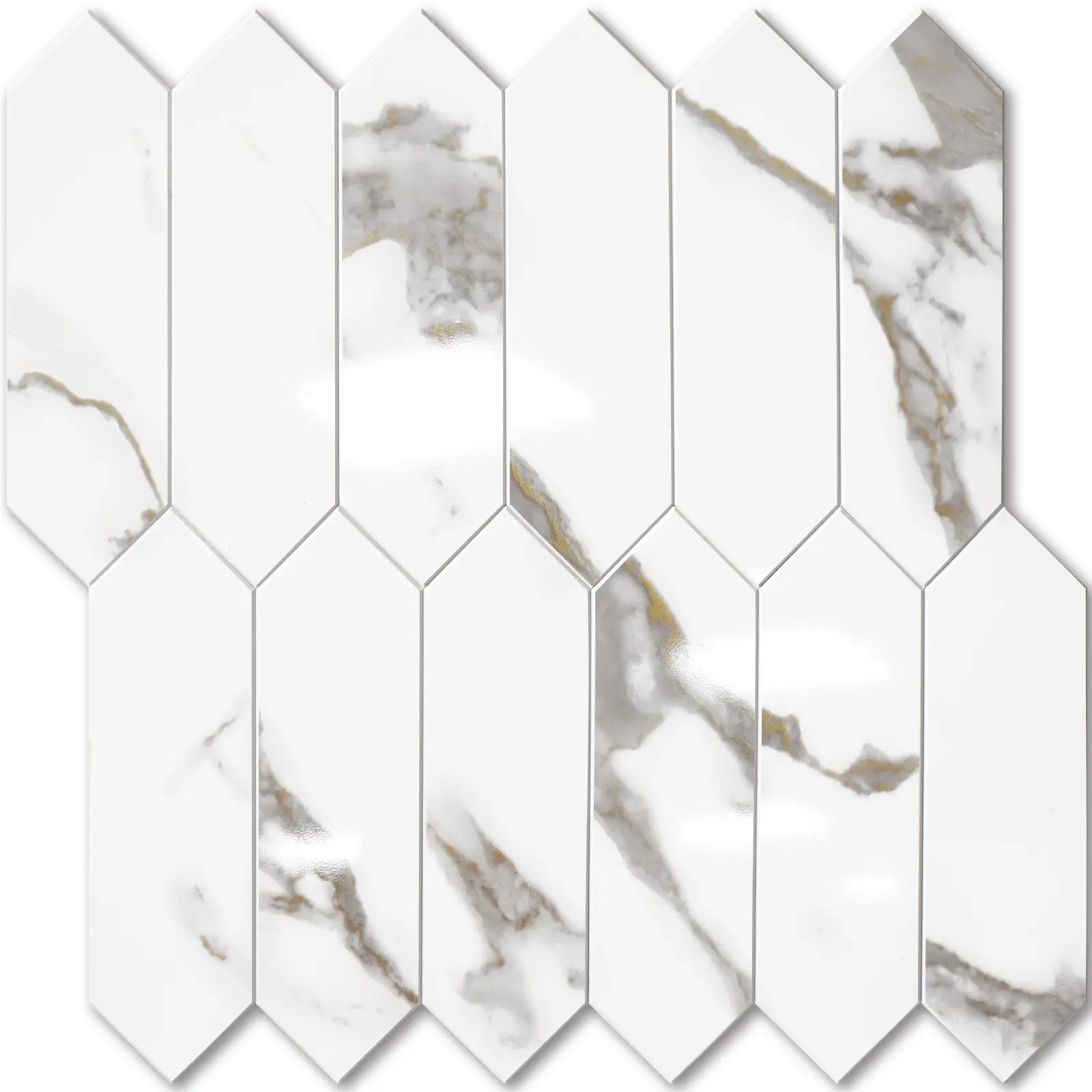 Vamos Tile 10 Sheets Glossy White Marble with Gold Veining Backsplash Tile Peel and Stick, 12.8 x 12.8 Inch Long Hexagon PVC Self Adhesive Mosaic Tiles Stick on Backsplash for Kitchen and Bathroom
