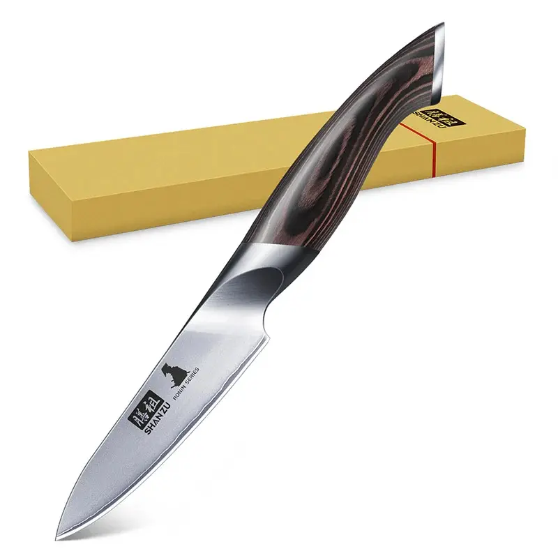 SHAN ZU RONIN Kitchen Knives Set - 95mm Sharp Paring Shape Fruit Knife, Peeler with Ergonomically Designed Natural Grain Wooden Ergo Grip Handle