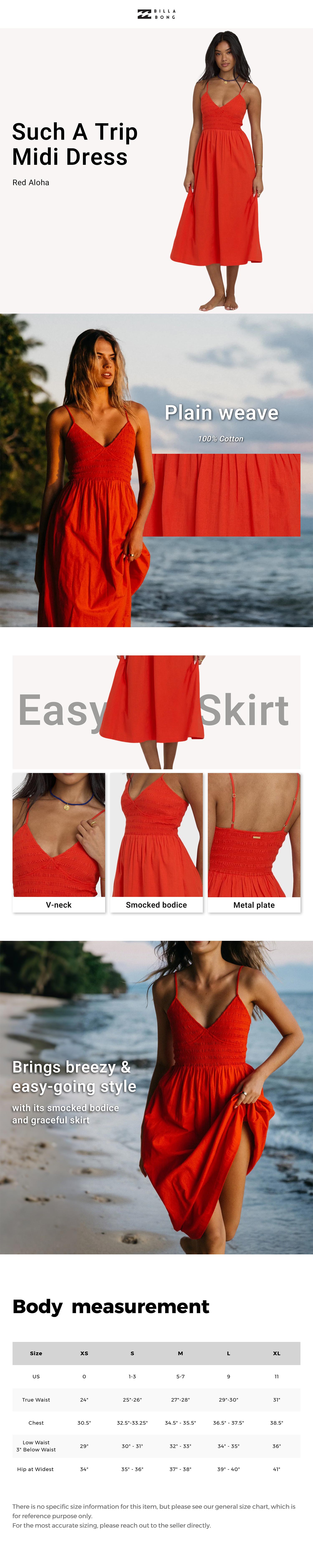 Billabong Women's V-Neck Easy Skirt Such A Trip Midi Dress, 100% Cotton, Smocked Bodice, Fitted Bodice