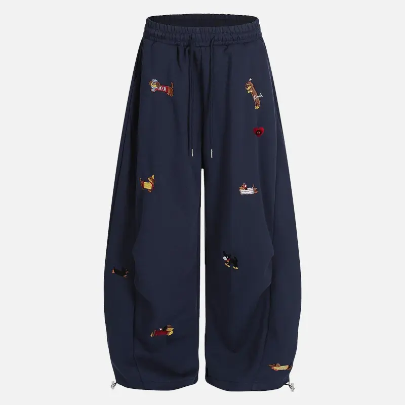 2026 Trend New Vintage Y2K Streetwear Joggers, Unisex Loose Barrel Sweatpants With Cute Puppy Embroidery Elastic Baggy Casual Bottoms Unisex Loose Fit Barrel Sweatpants, 2026 New Cute Puppy Embroidery Vintage Y2K Daily Street Jogger Trousers