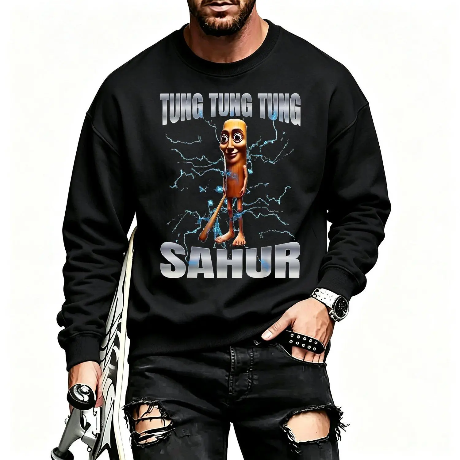 Men's Sports Sweatshirt Tung Tung Tung Sahur graphic  pullover casual athletic top with printed design comfortable style