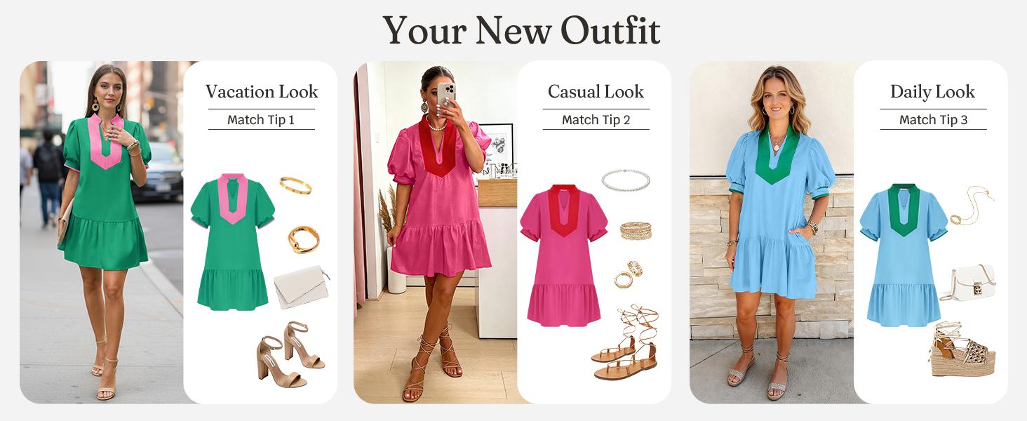 Wenrine Women's Summer Mini Dress Casual Short Puff Sleeve V Neck Color Block Loose Beach A Line Dresses with Pockets Wenrine Women's Summer Mini Dress Casual Short Puff Sleeve V Neck Color Block Loose Beach A Line Dresses with Pockets