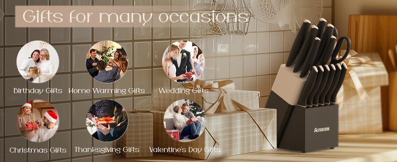 Astercook 14-Piece Kitchen Knife Set with Knife Block & Sharpener, Ceramic Coated Stainless Steel, Dishwasher Safe, Modern Home Cooking Cutting Carve