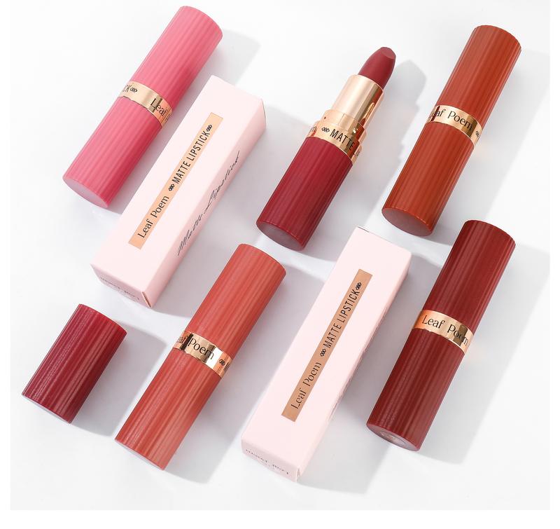 Leaf Poem Soft Matte Lipstick Collection – 4 Versatile Shades, Waterproof & Transfer-Proof for Daily Use, Rich Color, Long Lasting Lipgloss Glossy cool  tone  red  lipstick