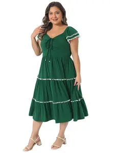 Agnes Orinda Plus Size Women's Boho Summer Dresses Sundress Short Sleeve Ruffled Sweetheart Neck Tiered Elegant Midi Dress
