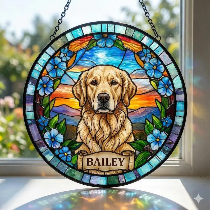Personalized Dog Portrait Acrylic Suncatcher, Custom Pet Memorial Stained Glass Photo Suncatcher, Dog Loss Keepsake, Pet Loss Gift