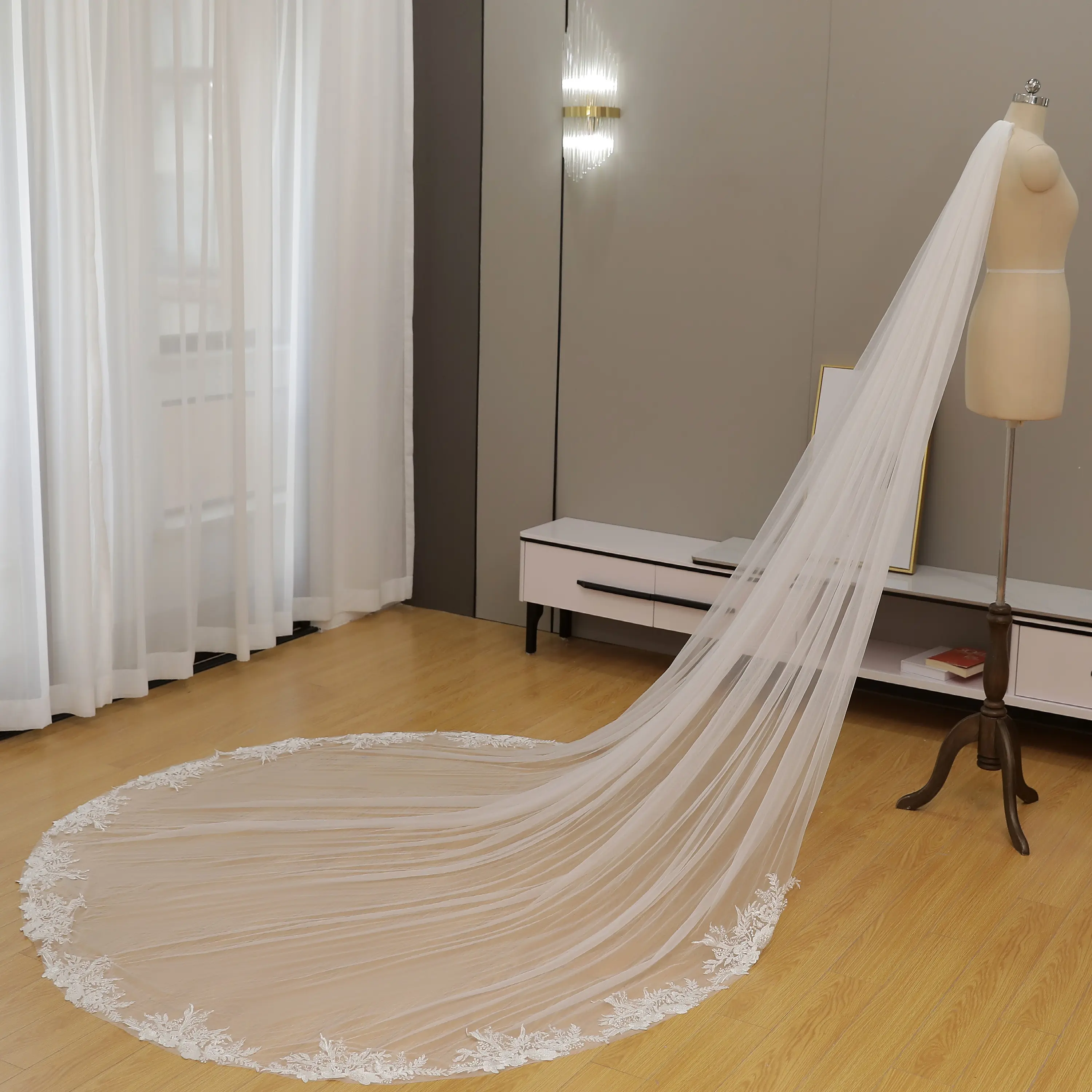 Lightweight Cathedral Veil with Delicate Forest Lace Accents