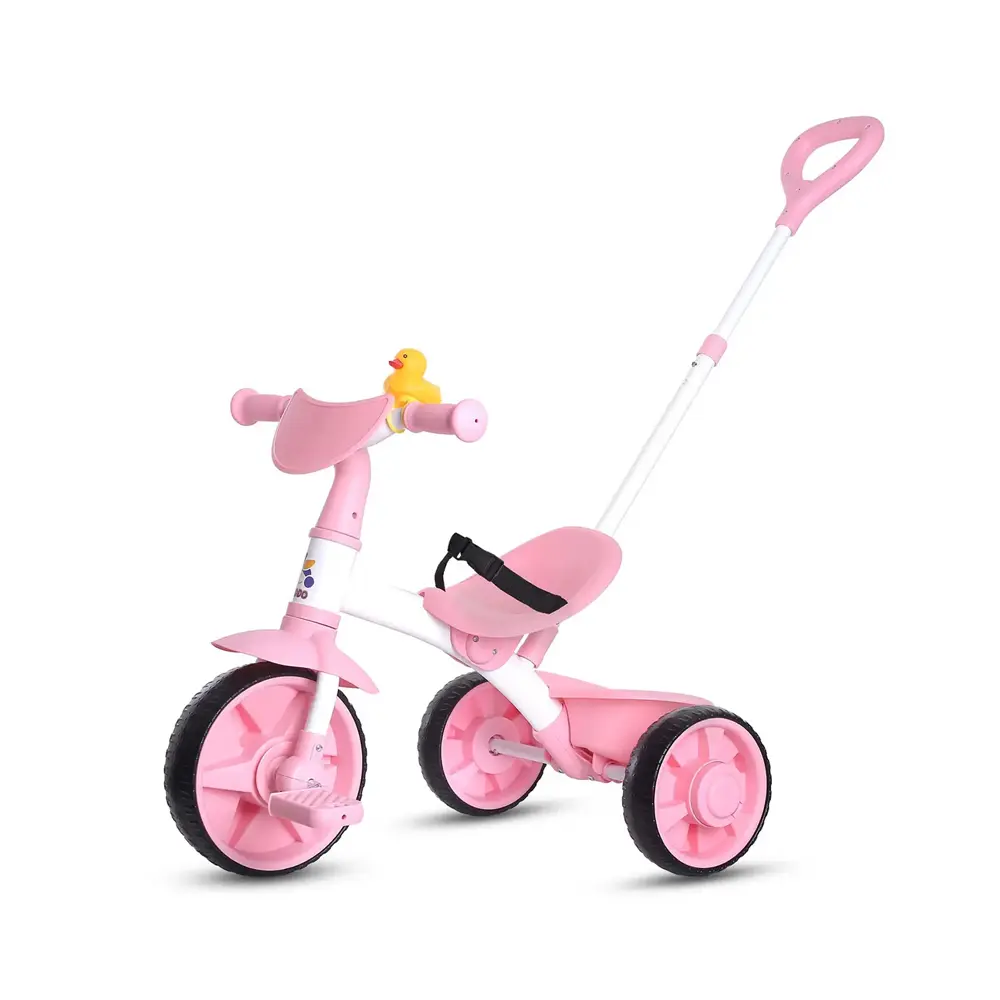 KRIDDO Parent-Assisted Sport 2-in-1 Pink Toddler Trike | Parent Push Tricycle w/ Adjustable Handle, Detachable Pedals, Storage Bucket & Duck Bell | Parent-Control & Independent Riding for Boys & Girls Ages 18 Months–3 Years sohochic