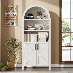 Garvee Arched Bookcase with Doors - 5-Tier Open Display Shelf, Modern Bookshelf Storage Cabinet for Home Office Living Room Library, White