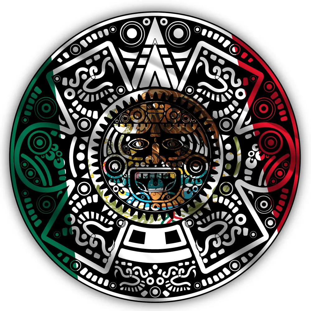Mexican Flag Aztec Calendar Shaped Round Vinyl Sticker (Gift Idea) (Decal) (Nostalgic)