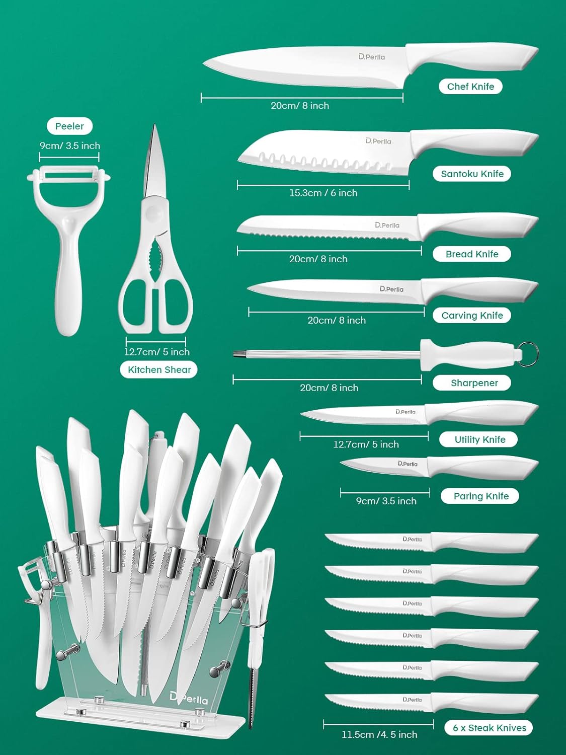 Ceramic Knife Set, D.Perlla 16 Pieces Kitchen Knife Set with Acrylic Stand, High Carbon Stainless Steel, BO Oxidation Knife Block Set, No Rust, Non Slip Handle, Sharp Cover Blade Stylish