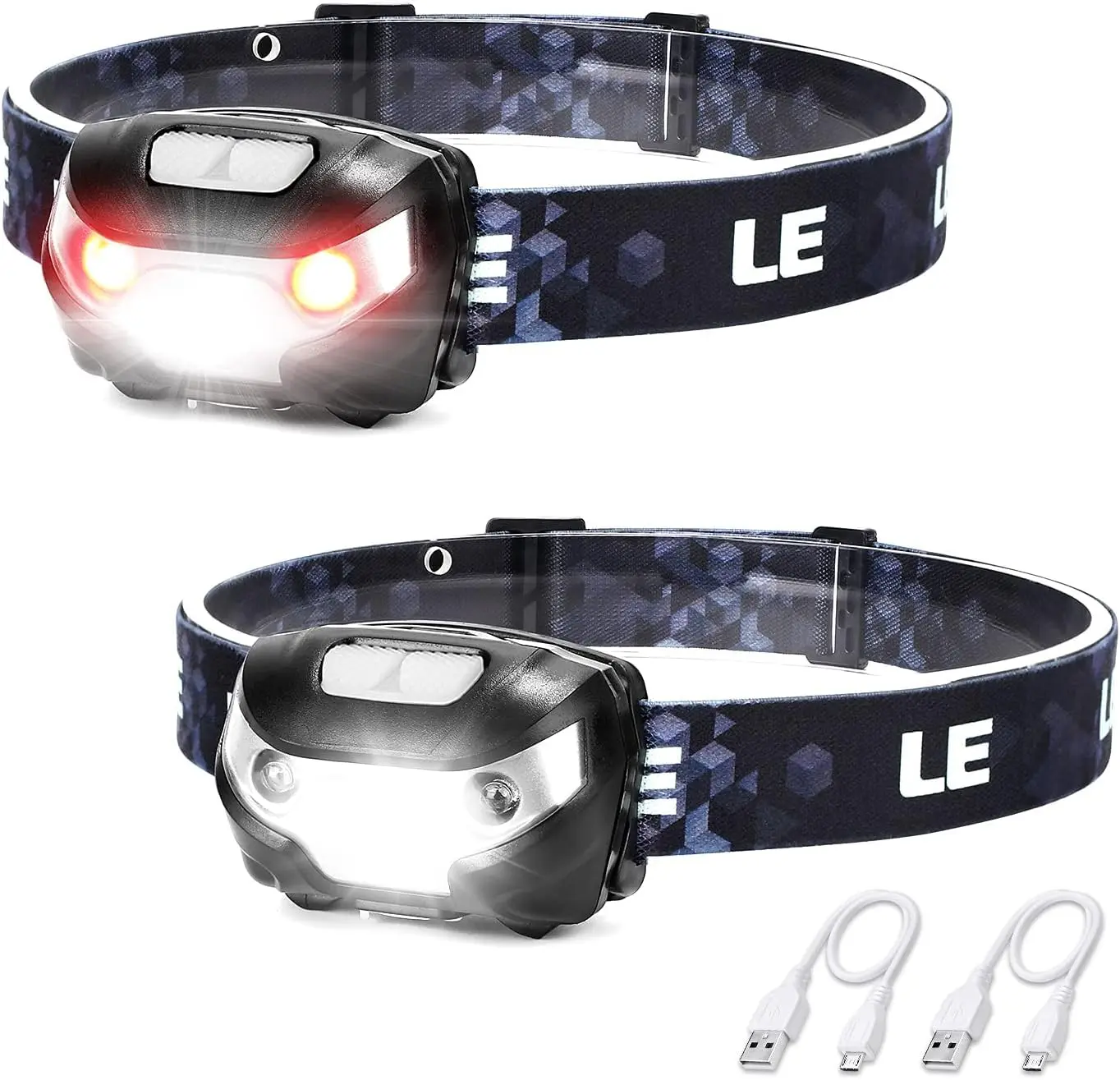Lighting EVER Rechargeable LED Headlamp - High Brightness, 5 Modes, IPX4 Waterproof, Red LEDs, Adjustable, 500ft Beam, Hands-Free, Washable Band, USB Cable/Port, Lightweight, Outdoor Gadgets for Camping, Hiking, Jogging, Hunting, Usb Port, Long Range