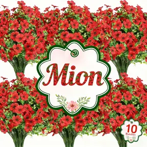 Mion Decor 10 Bundles Red Artificial Flowers for Outdoors UV Resistant Fake Silk Plants for Spring Summer Garden Porch Window Box Table Vase Indoor Outdoor Home Decoration