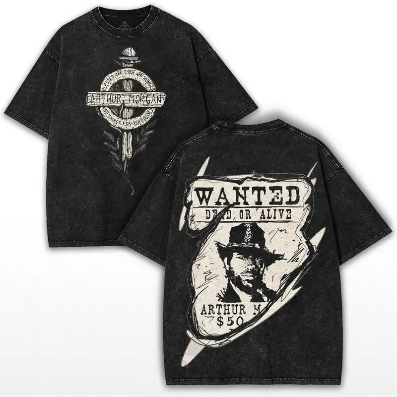 Men's Arthur Morgan Wanted Poster Distressed Streetwear T-Shirt - Red Dead Redemption Vintage Graphic, Oversized Washed Short-Sleeve Round Neck Outlaw Collector Casual Menswear Top