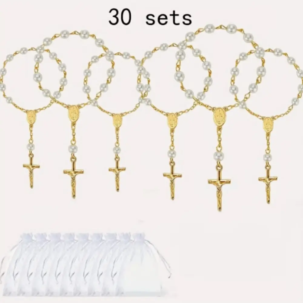 30 Sets Baptism Mini Rosary with Organza Bags Faux Pearls Baptism Rosary Favors for Guests Catholic Finger for Christening Weddings Party Favors First Communion Gift men's jewelry,summerwins