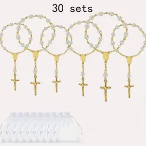 30 Sets Baptism Mini Rosary with Organza Bags Faux Pearls Baptism Rosary Favors for Guests Catholic Finger for Christening Weddings Party Favors First Communion Gift
