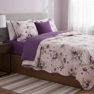 Delilah Glory 3 pc Quilted Coverlet Comforter Set with Elegant Floral Design and Soft Purple Accents