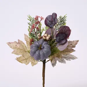 Mixed Autumn Pumpkin & Cream Berry Faux Fall Maple Leaf Pick Bundle - 15"