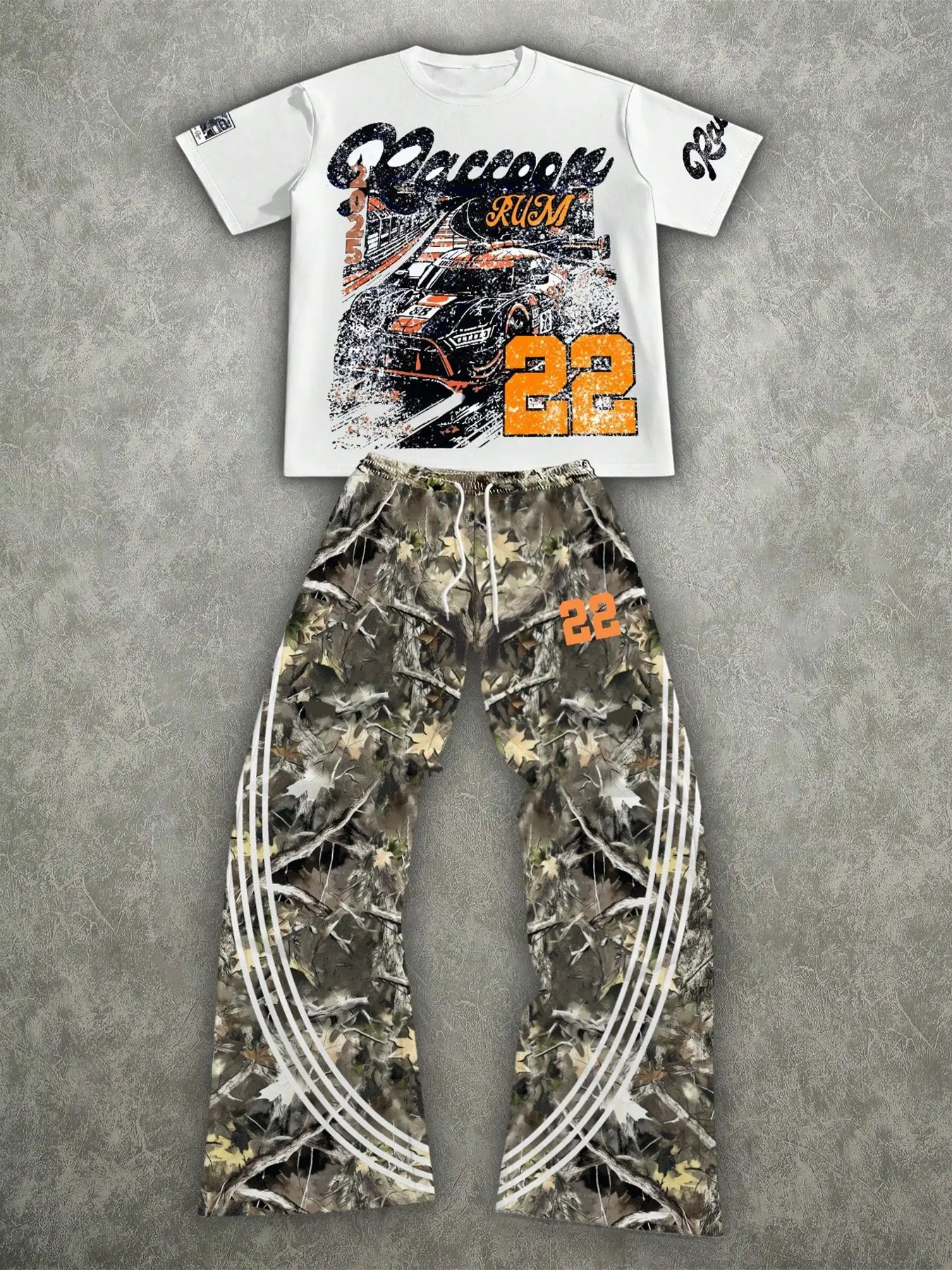 Y2K Racingcore Graphic Tee & Forest Camo Flare Pants 2-Piece Set, Vintage Distressed Race Car Print Short Sleeve Top with Striped Camouflage Wide Leg Trousers, Trendy Streetwear Outfit for Skateboarding & Music Festivals
