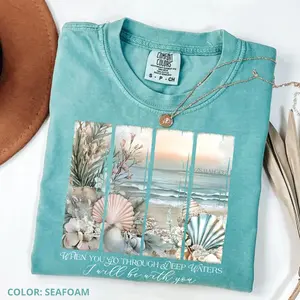 Comfort Colors When You Go Through Deep Waters Vintage Graphic T-shirt Religious He Is Risen Bible Verse Tee Jesus Easter Gift Seashell Pearls Tee