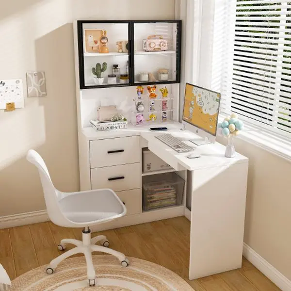 Bellemave L-Shaped Corner Computer Gaming Desk with Glass Cabinets, Built-In LED Lights, USB Charging Ports, Keyboard Tray & Ergonomic Design for Home Workspaces
