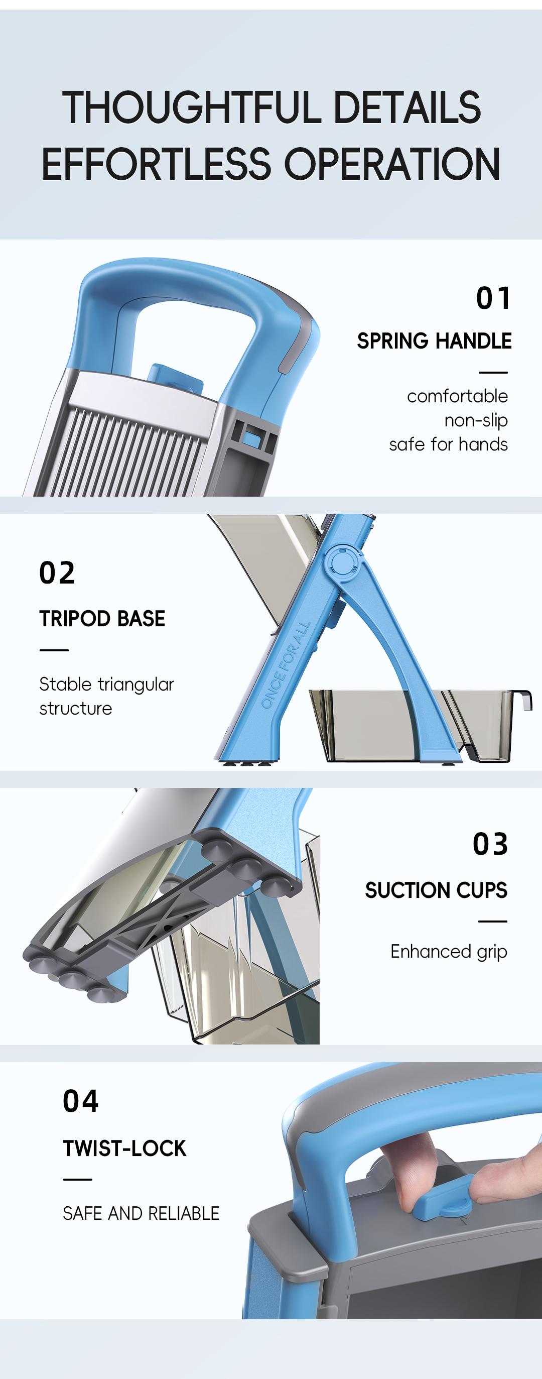 Spring handle tripod base suction cups and twist lock