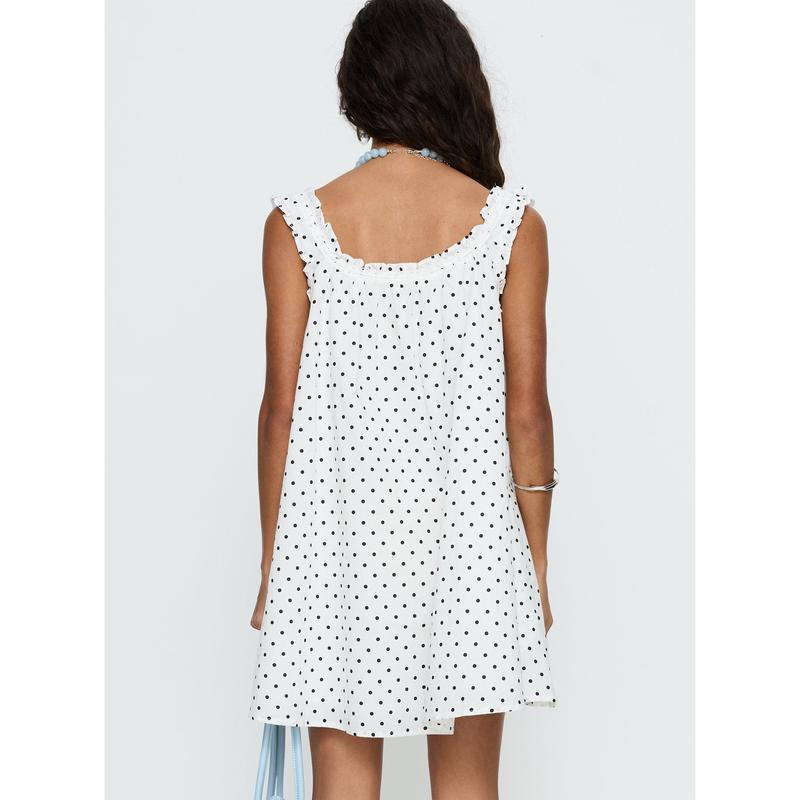 Swing Mini Dress White Polka Dot