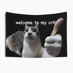 Welcome to My Crib and Fun Cat Emoji Patterned Tapestries , Bedrooms, College Dorms |   Funny & Lightweight Decorative Wall Hangings,chill room accessories roo easy hang wall art flag Motivational Poster multiple option Backdrop Photo Print Prop
