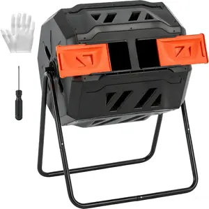 Compost Bin Outdoor 43 Gallon, Dual Chamber Composter Tumbler Outdoor with Gloves, Efficient 360°Rotating Composting Bin for Patio, Lawn, Home Gardening and Landscape