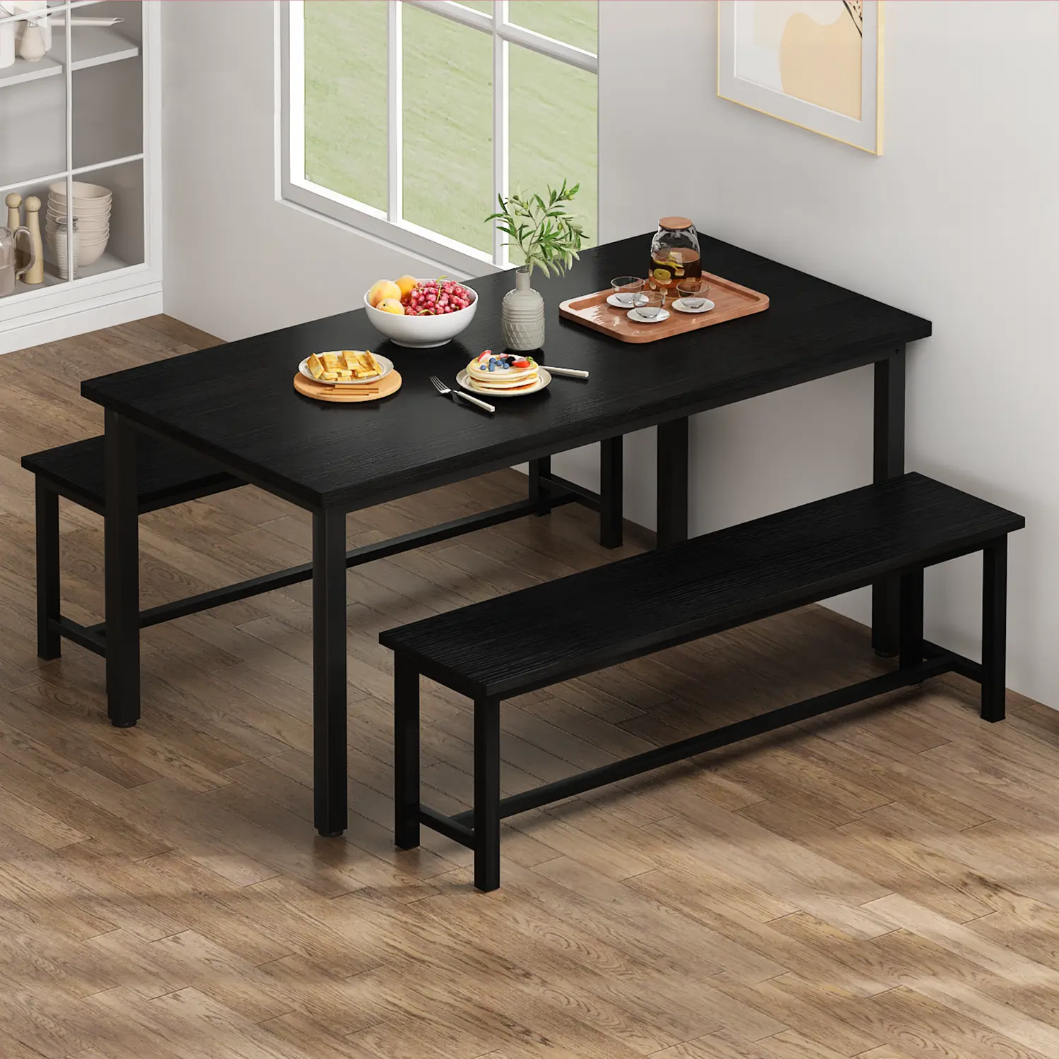 Recaceik Modern Dining Table Set of 4 with 2 Benches - Compact, Space-Saving Contemporary Metal Frame Furniture for Modern Kitchen, Apartment Small Spaces [Indoor Dining Set], Apartment Furniture, Contemporary Style Dining Room Furniture homemakeover