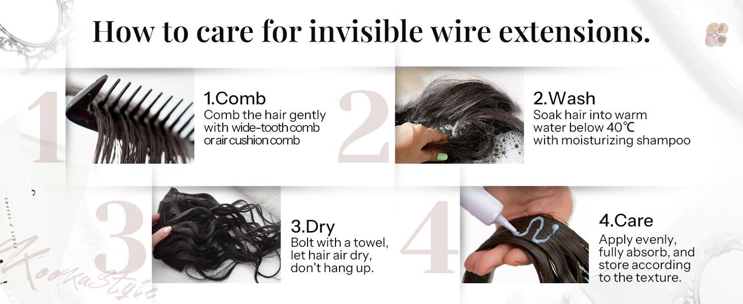 AISI HAIR Invisible Wire Synthetic Halo Hair Extensions 16/20/24 Inch Clip-On Long Wavy Hairpiece for Women Black Secure 4 Clips