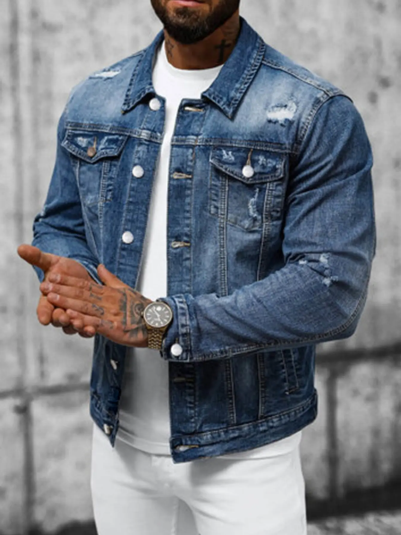 Stylish Men Ripped Slim Denim Jacket Male Streetwear Holes Casual Jean Jacket Coat Menswear Tops Long Sleeve Jacket Midi Wetsuit