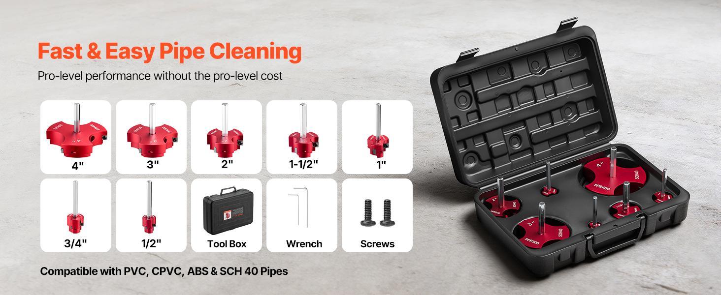 VEVOR 7-Piece Rust-Resist PVC Pipe Cutter Tool Kit - 3 Blades, Plastic Cutter, Fitting Socket Saver, Hex Wrenches, 90° Blade Rotate - Multi-Size 1/2"-4" Pipe Fit, 1/2" Standard Drill Compatible - Aluminum Alloy Frame, For SCH40 ABS CPVC Vent Drain Lines