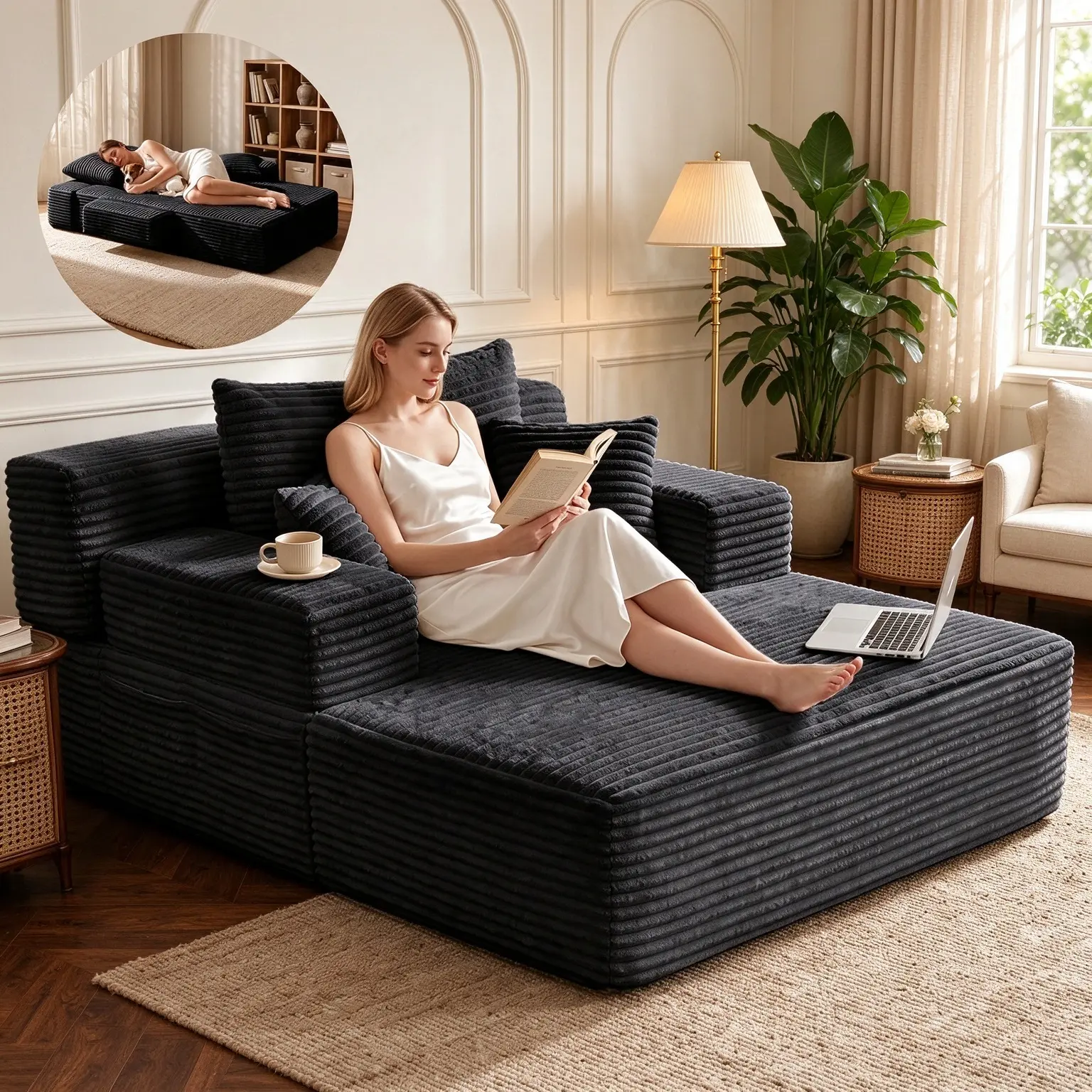 Oversized Chaise Lounge Chair, Boneless Sleeper Sofa Bed, No Assembly，2-in-1 Sleeper Chair, Deep Seat, Spring Cushion, Wide Armrests and Side Pocket Add Cloud Comfort for Reading, Naps and Guests，Black
