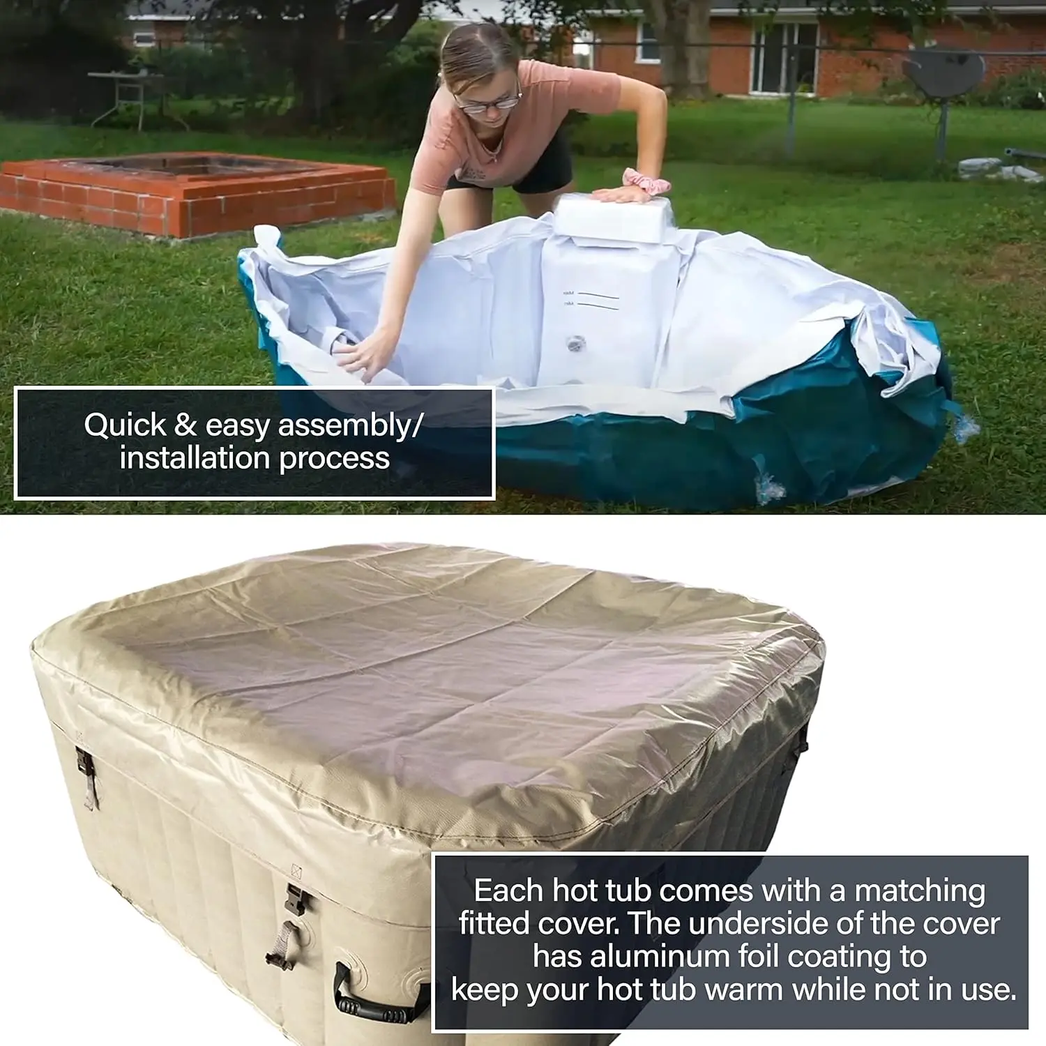 Inflatable Hot Tub Spa | Personal High Powered Jetted Bubble | with Fitted Cover and 3 Filters | 160 Gallon | 4 Person Square | Brown