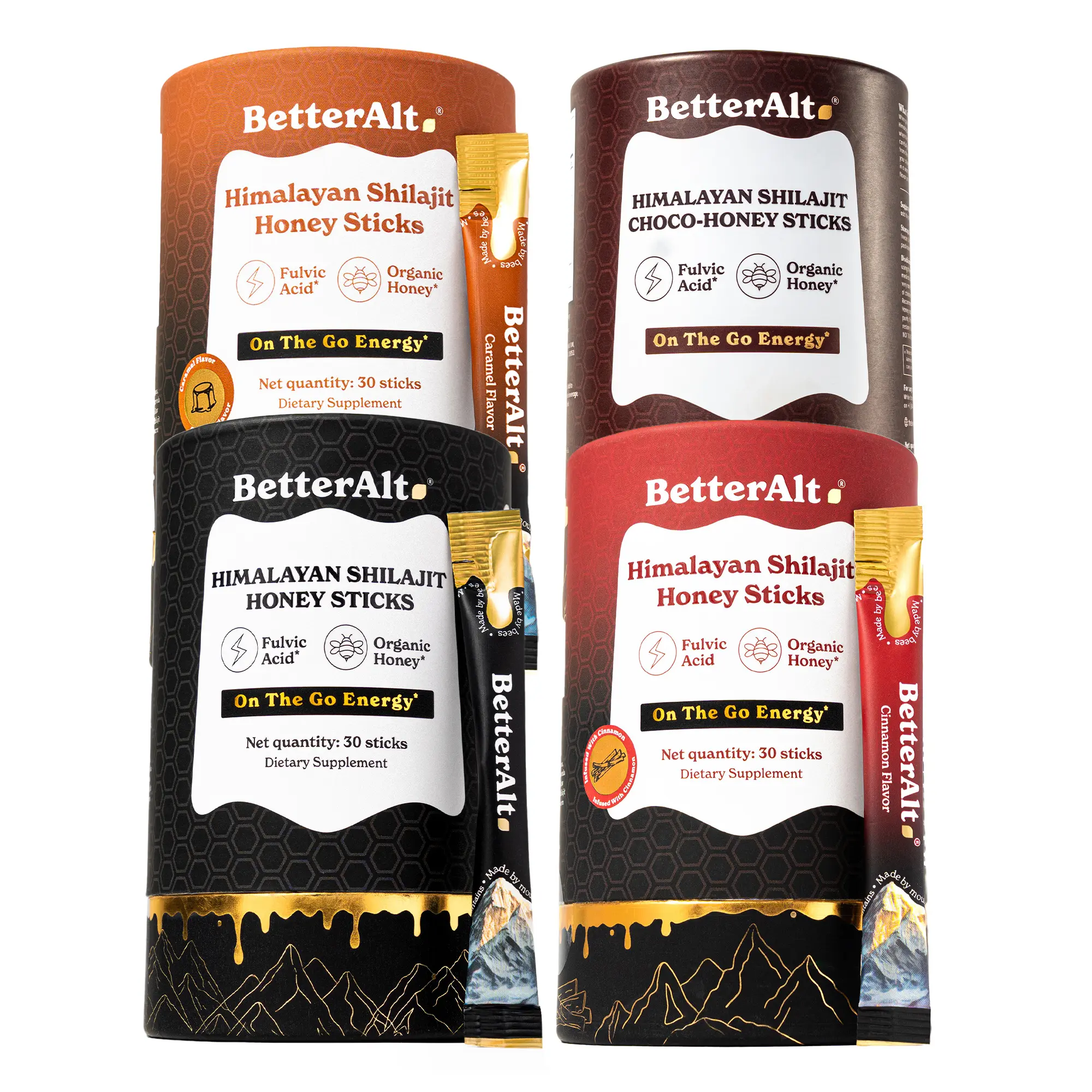 BetterAlt Shilajit Honey Sticks Variety Pack | Caramel, Cinnamon & Classic |  Lab-tested for Purity | Helps Support Energy & Stamina | 2-Month Pack