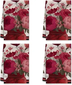 Rose Kitchen Towels Set of 4, Romantic Vintage Flower Heart Valentine Red Absorbent Soft Bar Towels Festive Home Decor 16x24 Inch