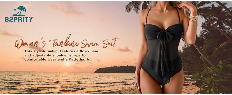B2prity Tankini Swimsuits for Women Tummy Control Flowy Mesh Tops High Waisted Bottoms Coquette 2 Piece Bathing Suits