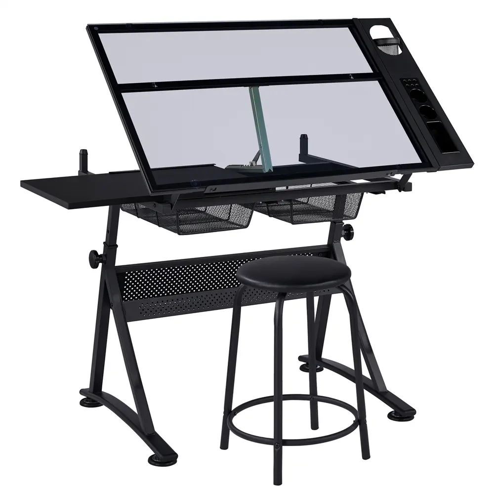 Yaheetech Height-Adjustable Drafting Table & PU Leather Stool Set - Commercial Office Furniture with A4 Paper Drawers, Glass Surface, Storage, Ergonomic Compact Design, Art Supplies Workstation, 28-36" Height Set, Save Money Bundle